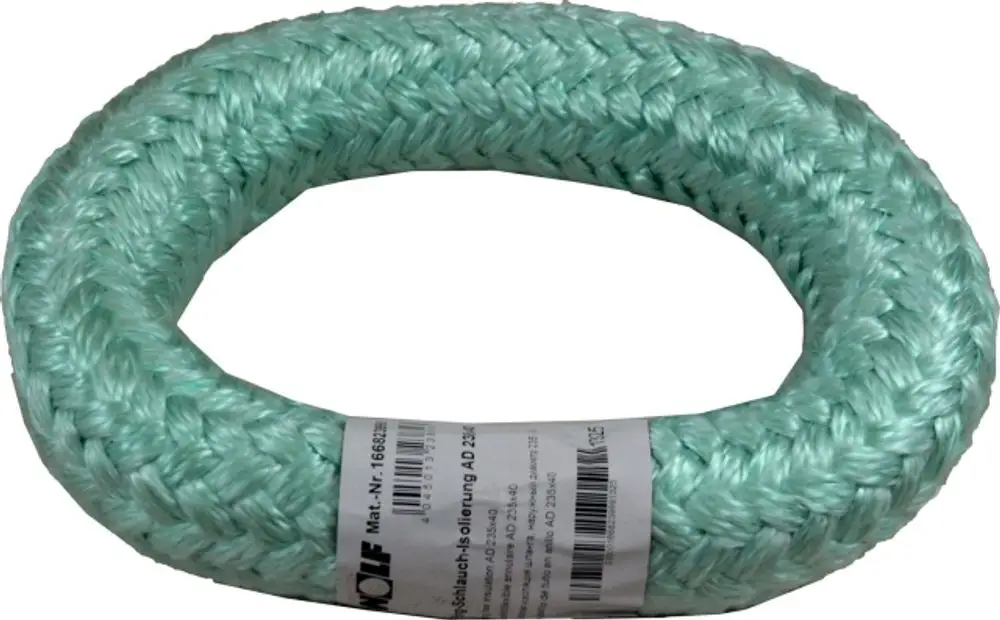 Ringförmige, grüne Isolierung aus geflochtenem Material. Abgebildet auf einem ca. rundem, flachen Untergrund mit dem Markennamen "Wolf" auf dem Etikett.